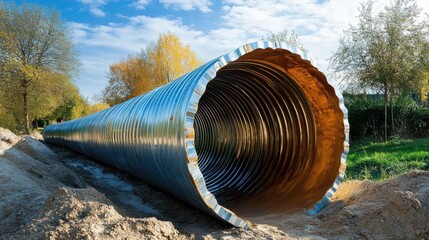Fototapeta premium Corrugated steel spiral pipes for water and telecommunications.
