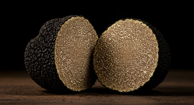 Dark and Moody Shot of Fresh Truffle Cut Open to Reveal its Marbled Texture