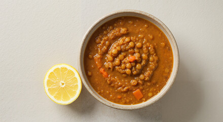 Lentil Soup with Lemon Slice on Neutral Background  