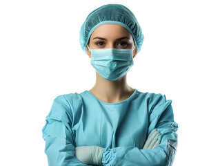 Confident female surgeon in protective uniform isolated on transparent background