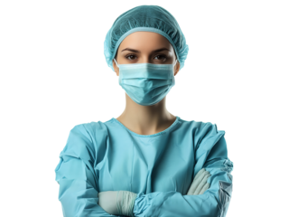 Confident female surgeon in protective uniform isolated on transparent background