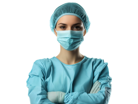 Confident female surgeon in protective uniform isolated on transparent background