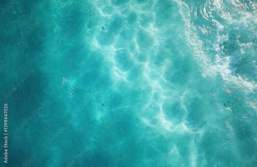 Poster aerial top view of clear turquoise ocean water texture. abstract pattern of waves, bubbles and foam.