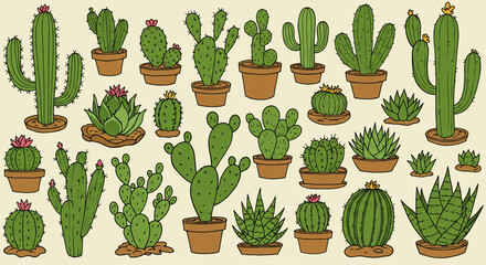 A delightful collection of diverse cacti and succulents thriving in a whimsical, hand-drawn style with warm earthy tones.