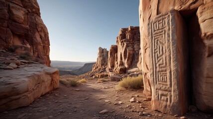 A stone door with intricate carvings stands in a desert valley during sunset, framed by massive cliffs and a peaceful landscape
