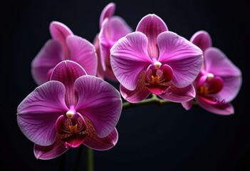 vibrant orchid blossoms bold colors dark backdrop exotic floral display nature elegance beauty, bloom, petal, pink, yellow, purple, green, leaf, botanical