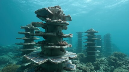 Multiple tall columns rise from the ocean floor, supporting coral growth and creating a diverse habitat for marine life below the surface