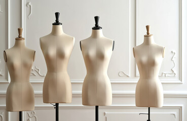 Four professional dressmaking mannequins in atelier. Dress form, tailoring dummy, studio equipment. Fashion design, garment industry, sewing process, craft. Tailor workshop background.
