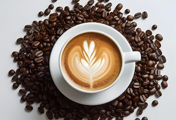 Cup of Coffee with Leaf Latte Art on a Wooden Table Top View