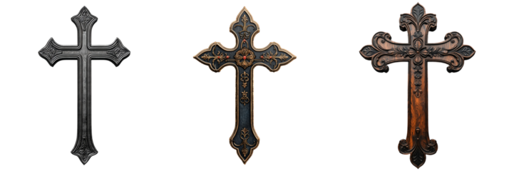 Set or collection of ornate handcrafted christian cross isolated on transparent background