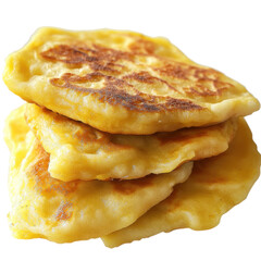 Golden, fluffy pancakes stacked high on a white background, perfect for breakfast or brunch