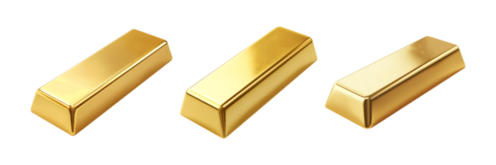 Set, collection of gold bars isolated on transparent background