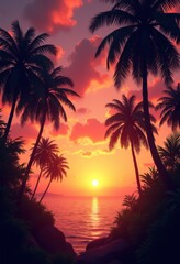 vibrant sunset silhouette tropical palm grove exotic plants tranquil scene, beach, nature, sky, dusk, landscape, paradise, shade, vegetation, reflection