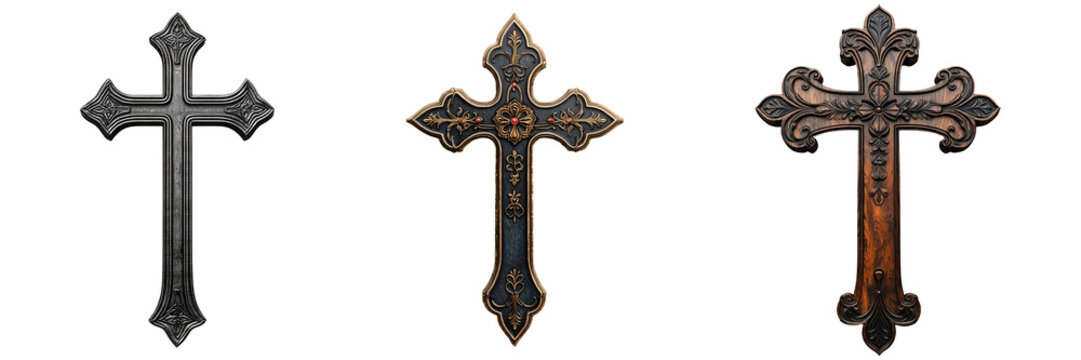 Set or collection of ornate handcrafted christian cross isolated on transparent background - Powered by Adobe