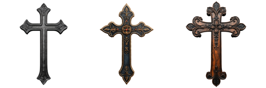 Set or collection of ornate handcrafted christian cross isolated on transparent background - Powered by Adobe