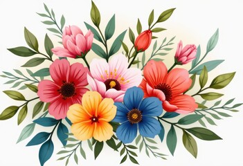 Obraz premium vibrant watercolor flower bouquet arrangement artistic floral composition displaying colorful petals lush greenery, wildflower, nature, gardening, decoration