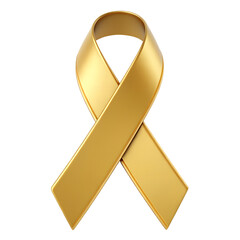 A golden ribbon symbol signifying support and awareness for various causesThis 3D rendered image shows a gold ribbon ideal for campaigns promoting awareness or solidarity