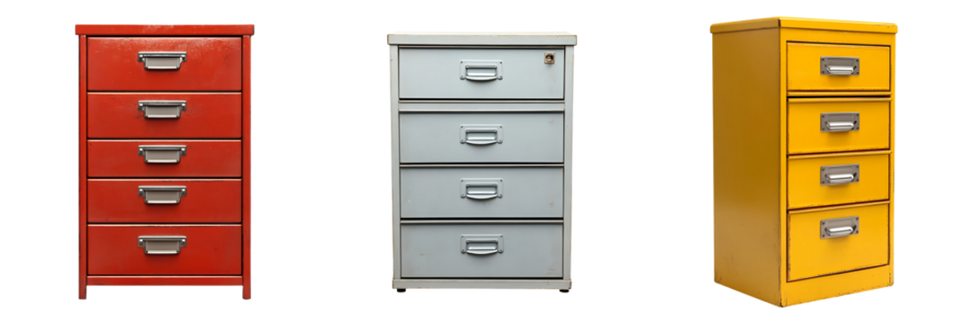 Set, collection of varioud filing cabinets isolated on transparent background