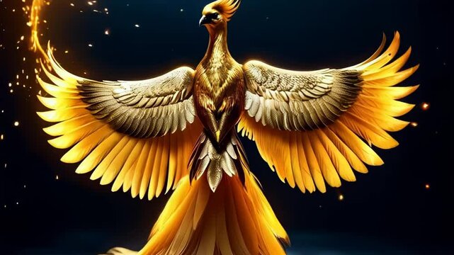 Phoenix. The flight of a golden bird on a dark background. The Flying Firebird