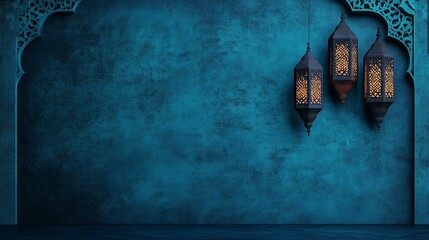A deep blue wall with Islamic lanterns hanging on it, with an empty space for text in the center of the picture. Horizontal banner, poster with copy space text.  