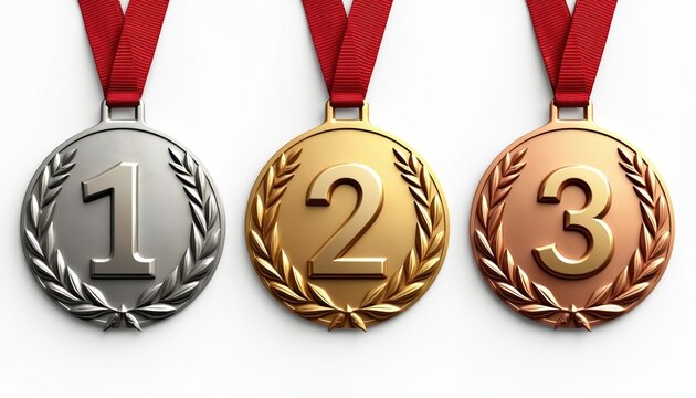 Gold silver bronze medals isolated white background. Top three first second third place award winners in competition, game, olympic event. Victory reward achievement concept.