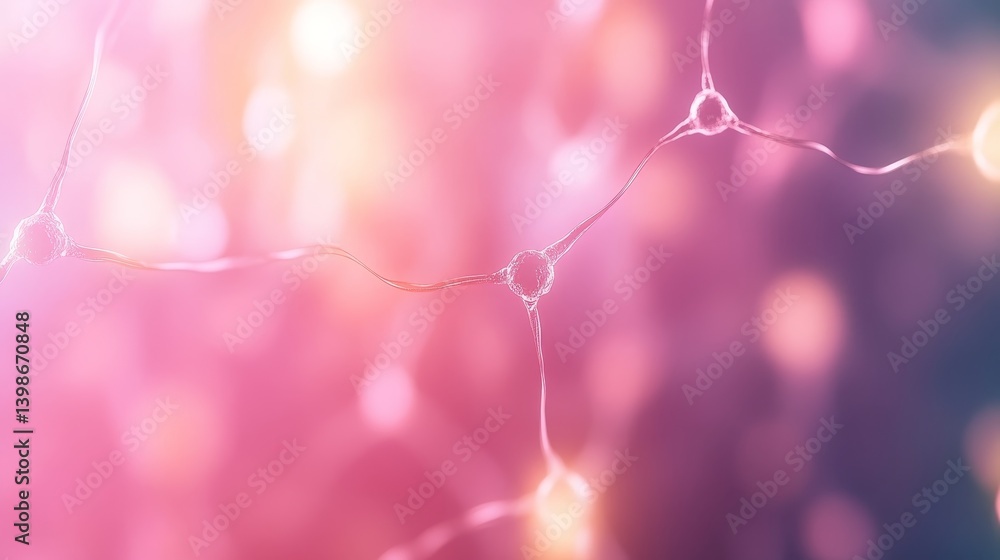 Poster a detailed 3d model of a neuron network glows softly in pastel hues, surrounded by blurred scientifi