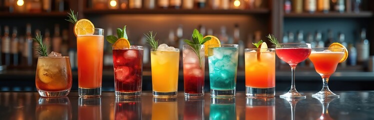Variety of colorful cocktails on bar counter. Blurred shelves bottles background. Close-up of alcoholic drinks, refreshing summer beverages with ice, orange, mint, rosemary decorations in glasses.