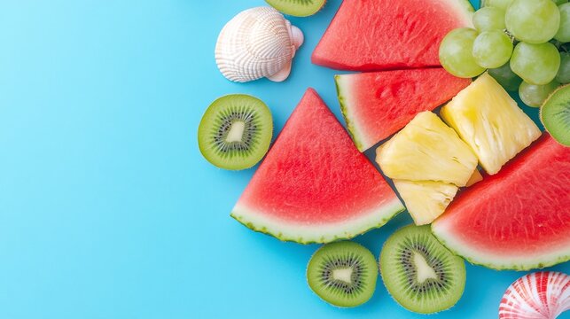 Blue background with watermelon slices, Kiwi halves and pineapple chunks, Summery layout offering copy space, Light arrangement emphasizing tropical flair, Perfect for refreshing healthy menus

