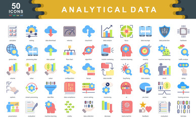 50 data analytics icons showcasing processing, AI, metrics, cloud tech, and insights. Ideal for big data, digital marketing, machine learning, and information systems projects.
