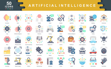 50 artificial intelligence icons covering robotics, automation, deep learning, and smart tech. Perfect for AI, innovation, machine learning, and futuristic technology visuals.