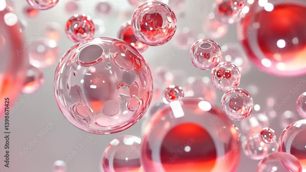Poster exploring the captivating world of translucent bubbles floating in a vibrant red liquid during an ar