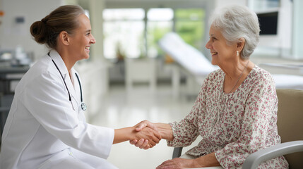 Obraz premium A caring doctor interacts with an elderly patient in a clinic