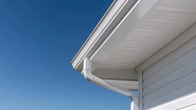 Exterior view showcasing a home's seamless gutters, siding, and soffit against a clear blue sky, emphasizing architectural details.