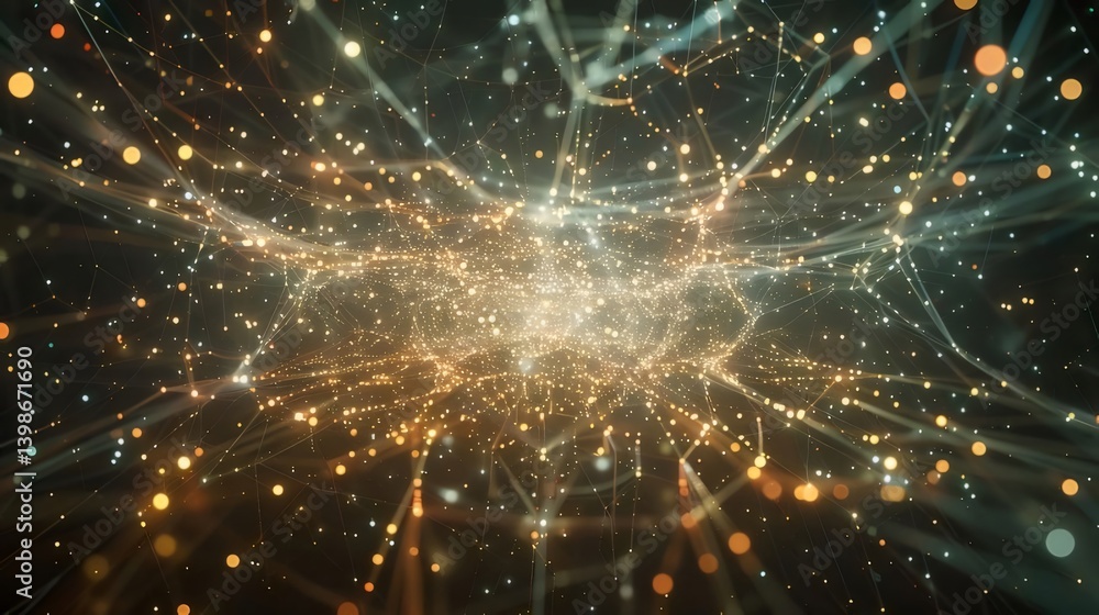 Poster abstract digital network visualization featuring illuminated glowing lines and particles against dar