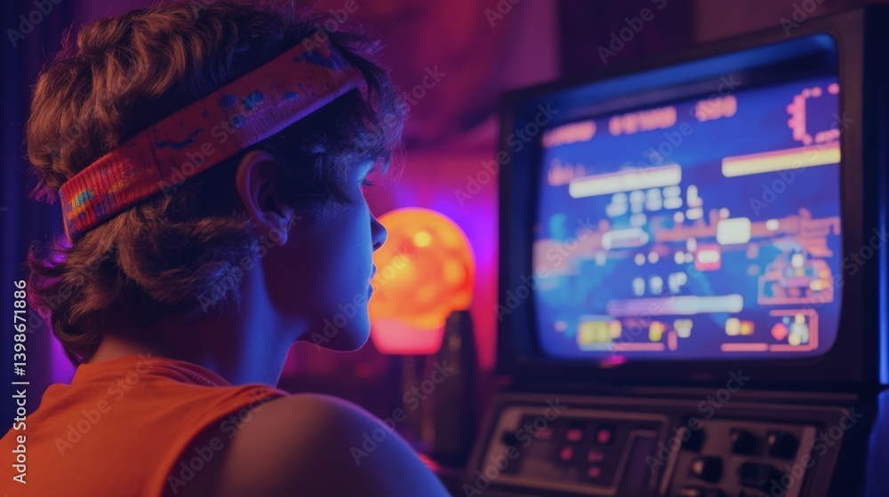 Poster a young person wears a bright headband while deeply focused on playing a retro video game on an old 