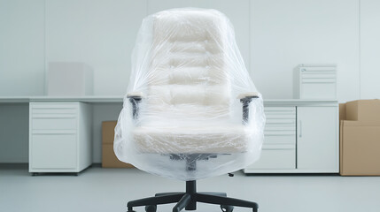 Office chair wrapped in plastic, surrounded by cardboard boxes in a minimalist room. Prepare for moving or new furniture delivery.