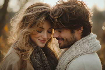 Couple embracing in warm autumn landscape
