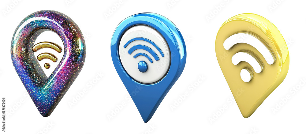 Poster three colorful wireless signal icons with various textures on a transparent background.