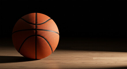 Obraz premium Single basketball dramatically lit on wooden floor with deep shadows and black background. Sport ball in minimal composition with strong contrast. Image with copy space.