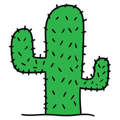 Hand drawn cartoon green cactus on white background.