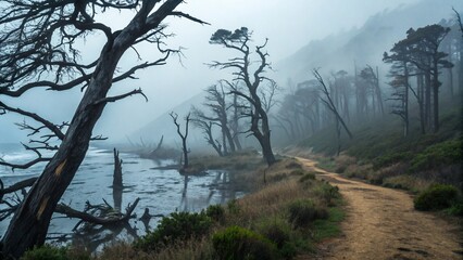 Obraz premium Misty woodland with bare, twisted trees submerged in water, a dirt path winds through the eerie fog.