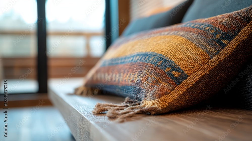 Aufkleber handwoven tapestry featuring geometric patterns rests on a wooden bench, highlighting intricate craf