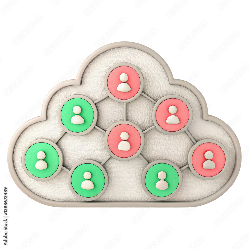 Poster a cloud-shaped network symbol with interconnected user icons in green and red, representing a digita