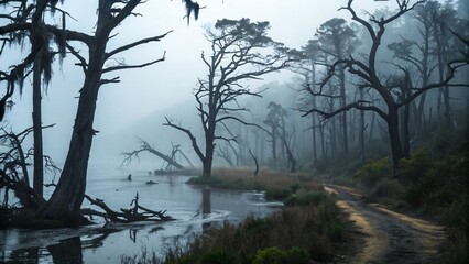 Misty woodland with bare, twisted trees submerged in water, a dirt path winds through the eerie fog.