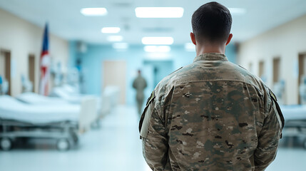 Soldier in hospital, back view. Focus on resolve, duty, and healthcare for service members. Respect and support for the armed forces in challenging times.