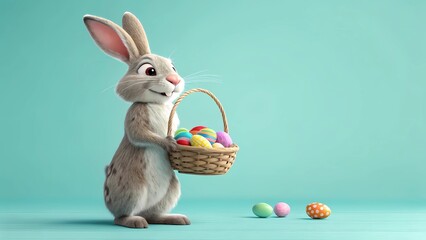 Happy Easter Bunny with Basket of Festive Eggs, Isolated on Blue