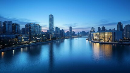 Fototapeta premium Serene Modern City Skyline at Dusk, Featuring a Tall Skyscraper and Reflections on Tranquil Waters, with a Soft Gradient Sky and Urban Sophistication Emphasizing Beauty and Grandeur
