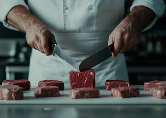Chef cutting meat. Butcher prepares steak on board with two knives. Fresh beef, professional kitchen setting, food preparation and culinary skills.