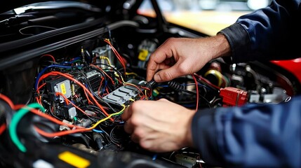 Obraz premium Close-Up of a Skilled Mechanics Hands Delicately Manipulating Colorful Wiring Harnesses in a Car Engine Bay, Showcasing Complex Electrical Components in a Garage Setting