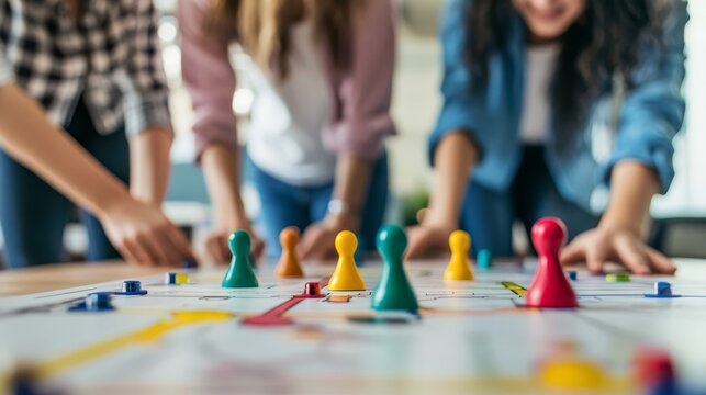 Colorful Board Game Excitement: Friends Engage in Immerse Strategy and Fun for the Perfect Game Night